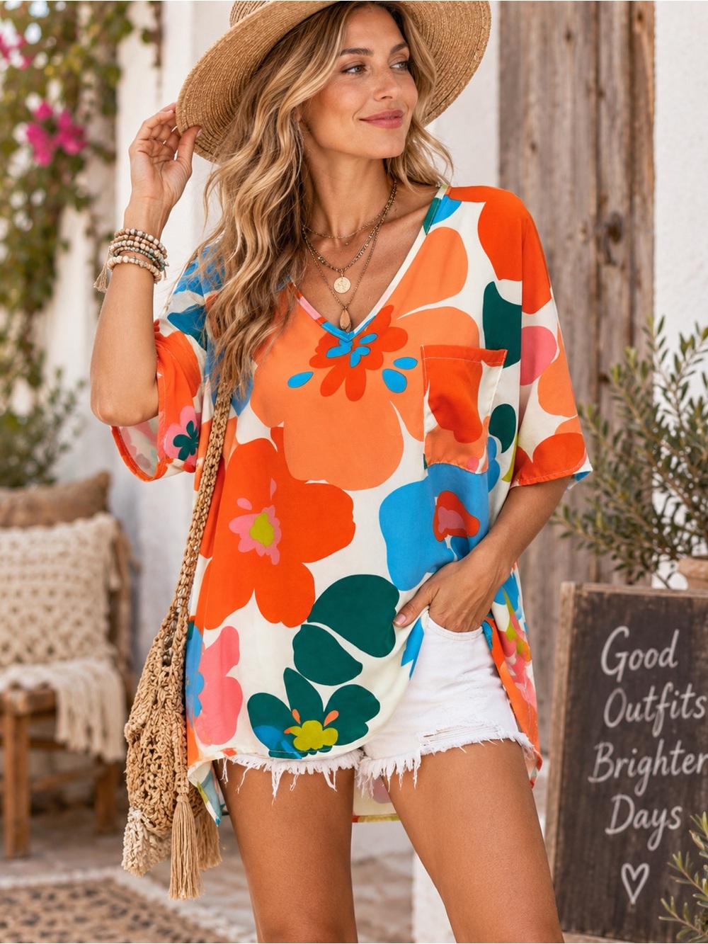 BiBi Boho Retro Floral V-Neck Pocket Tunic Top Size S Orange Blue